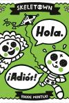 [Hola. ¡Adiós!] book cover: two black and white calaveras fly a kite against neon green background