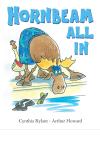 Hornbeam All In book cover: A moose wearing a swimsuit and goggles looks into a pool while a goose in a hat stands behind it