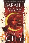 House of Earth and Blood: Crescent City #1 book cover: In front of illustration all in red a golden crescent center frames a woman's face as she stares forward while a bird sits atop her raised hand