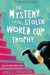 The Mystery of the Stolen World Cup Trophy book cover: A figure running down pink stairs, holding a trophy