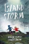 Island Storm book cover: Two children, apparent siblings, run across green land as a menacing gray storm rises