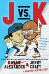 J vs. K book cover: Two black children holding notebooks with competitive expressions toward each other in the center of a half-torn background