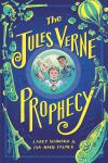 The Jules Verne Prophecy book cover: Three kids' faces look out of circular window of a submarine or ship, the title surrounds the window, dark blue border includes floating illustrations of skulls and bones, a hot air balloon, a skateboard and the Eiffel Tower