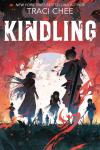 Kindling book cover: Asian teenagers, one in armor with sword on back, stand in front of large white moon and red fire 