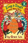 Ling & Ting's Lunar New Year book cover: Twin Chinese American girls wear dragon costumes with strand of of red firecrackers above their heads 