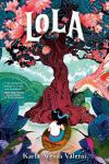 Lola book cover: Tree with giant pink blossoms in an enchanted jungle with girl sitting on leaf boat