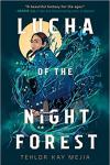 The head of a teen with long black braided hair is encircled by the full moon. Her blue cloak is tangled in glowing blue-green flowering vines. She holds a knife in one hand.