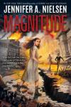 Magnitude book cover: An illustration of burning collapsing buildings, with a boy and a girl running toward a girl standing in the foreground