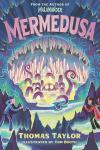 Mermedusa book cover: Boy and girl peer into mouth of dark, crystal cave where many-tentacled creature lurks in glowing water