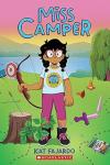Miss Camper book cover: Girl with red glasses and black hair in loose braids holds an archery bow in the woods