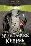 The Nighthouse Keeper book cover: A very large, long grey face with a green eye peeks out from behind a lighthouse on the left and large hands are wrapped around both sides of the lighthouse; a girl with red hair and pale skin and a black bird are to the right of the lighthouse