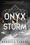 Onyx Storm book cover: Title over drawing of clouds, dragons, the sun, all over black background, white smoke rising from lower right