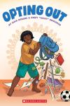 Opting Out book cover: Brown-skinned middle schooler in green shorts, golden tee dumps out contents of a blue backpack, with Hindu design behind