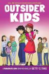 Outsider Kids book cover: Taiwanese American girl stands next to girl in red while family members stand behind them