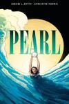 Pearl book cover: Illustration of a young woman rising up out of a huge ocean wave holding a pearl in her outstretched hands.