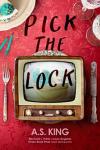 Pick the Lock book cover: Place setting on dinner table with red damask table cloth, silver and crystal. A small retro TV is on the dinner plate.  