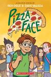 Pizza Face book cover: Slice of pizza behind title above red-haired preteen boy in green shirt at school with classmates 
