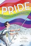 Pride book cover: Harvey Milk, White-skinned, dark, curly hair, in a suit waves rainbow flag, crowd behind him