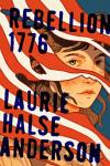 Rebellion 1776 book cover: Illustration of young girl with smallpox scars on her face, partially hidden behind pieces of red and white striped flag