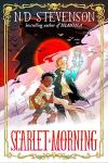 Scarlet Morning book cover: Girl holding book, boy holding lamp; Pirate, red moon, birds, clouds and pirate ship behind them