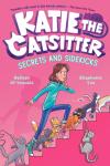 Secrets and Sidekicks Book Cover: A preteen girl with pale skin, brown hair, and wearing a teal hoodie and jeans, tiptoes up a staircase gesturing for quiet with lots of cats, each with its own gadget, toy, or clothing