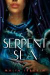Serpent Sea book cover: A woman seen from the nose down with her head draped in blue fabric holds a silver-blue snake that's looking up at her