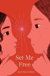 Set Me Free book cover: Deaf teacher and Deaf student face each other on red background; each make the sign meaning "girl"