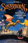 Silverborn book cover: Dark-haired girl on bridge and golden-winged dragon with a rider holding a gun