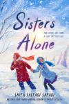 Sisters Alone book cover: Two hijabi girls in red and blue hold hands while walking through a snowstorm