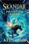 Skandar and the Phantom Rider book cover: A black unicorn with a boy on their back gallops through a whirlpool of water shaped like a unicorn
