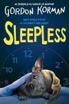 Sleepless book cover: Alert little dog in a sleeping cap, covered by blanket, with an analog clock behind