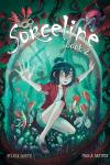 Sorceline, Book 2 book cover: A girl with black hair trapped in a giant bubble with strange fish swimming around her