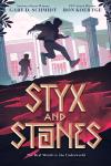 Styx and Stones book cover: Two running boys silhouetted against Greek-style school