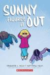 Sunny Figures It Out book cover: Blonde girl lies on ice skating rink wearing a pink coat, sunglasses, ice skates, and a smile