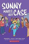Sunny Makes Her Case book cover: Blonde girl walks down crowded school hallway in a blue suit with a red tie and briefcase