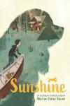 Sunshine book cover:  In the shape of a dog, a White boy in a black hoodie drags a canoe onto shore, a cabin in the distance