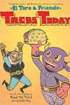 Two wresters in colorful costumes excitedly holding a taco