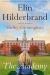 The Acadmey book cover: A brick school building in background with blond female sitting in front of it on green lawn