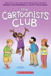 The Cartoonists Club book cover: Four middle grade kids, Black girl, multiracial boy, Latina girl, gender queer kid, have colorful clothing on