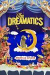 The Dreamatics book cover: Dog sitting in the sliver of a moon, surrounded by a stage and clouds