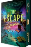 The Escape Game book cover: Illustration of a dark room with a coffin, flashlight, skull, overturned chair, bookshelves, handcuffs, and chess board