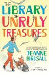 Library of Unruly Treasures book title: Title in big, bright letters; Gwen and Pumpkin underneath marvel at small-winged creatures flying around them