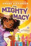 The Mighty Macy book cover: Smiling, curly-haired Black girl in purple overalls stands in front of books on an orange background of music staffs