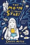 The Moon Without Stars book cover: Girl holds book on a blue scribbled background with pictures of random items; two kids walk away in the top corner
