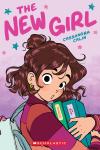 The New Girl book cover: Girl with curly hair holding two binders while wearing a blue backpack; standing under book title with stars around it