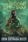 The Second Life of Snap book cover: Amid piles of rubble, young girl with messy hair perches on shoulder of adult-sized robot, which looks up at her
