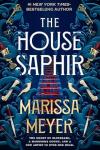 The House Saphir book cover: Blood drips down a blue stairway surrounded by daggers, flagons of wine, arrows, bones, wedding rings, and keys