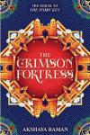 The Crimson Fortress book cover: The book title is surrounded by turrets and archways decorated with large white flowers; A blue maze pattern surrounds the turrets