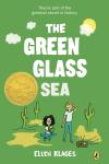 The Green Glass Sea book cover: Cartoon drawing of two girls, cacti, and a radio against a green background