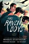 The Raven Boys: The Graphic Novel book cover: Illustration of three boys and a girl gathered together with ravens flying overhead